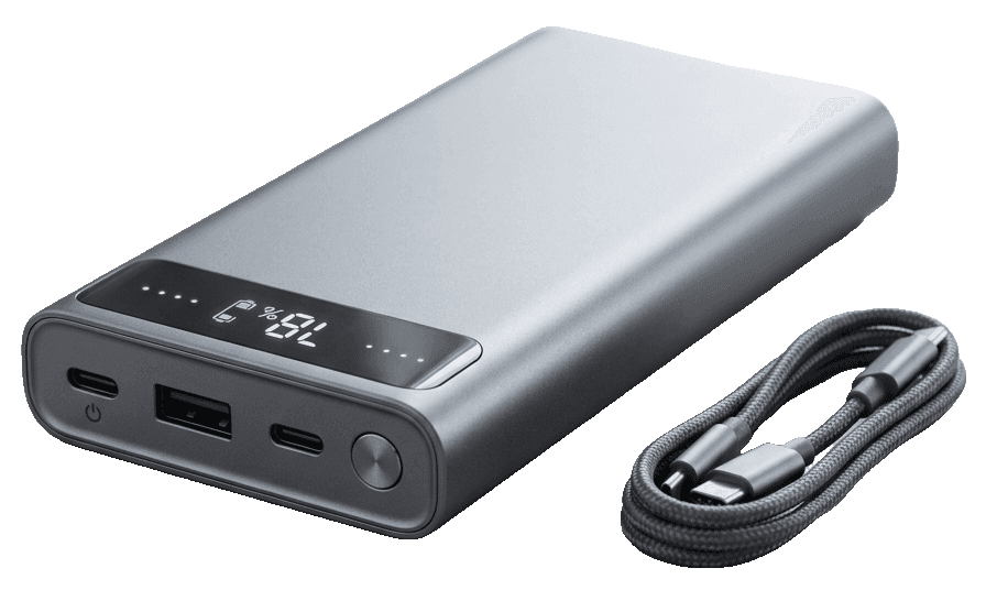 Silberne Powerbank mit digitaler Ladeanzeige