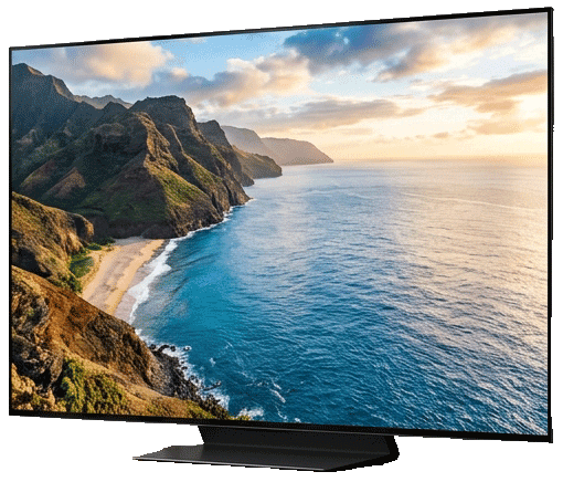 Flacher OLED-Fernseher mit Küstenlandschaft auf dem Display