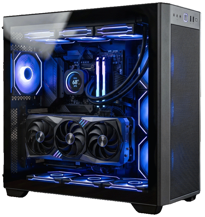 Gaming-PC mit Glasfenster und blauer RGB-Beleuchtung