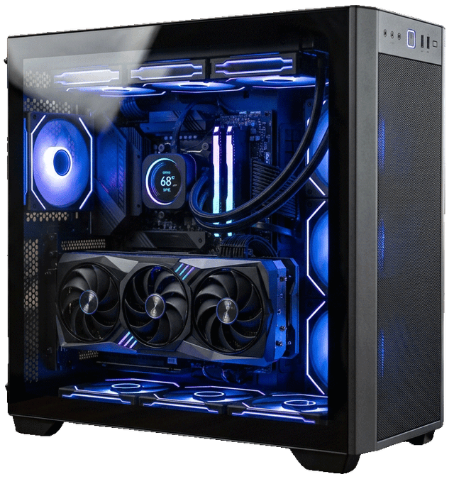 Gaming-PC mit Glasfenster und blauer RGB-Beleuchtung