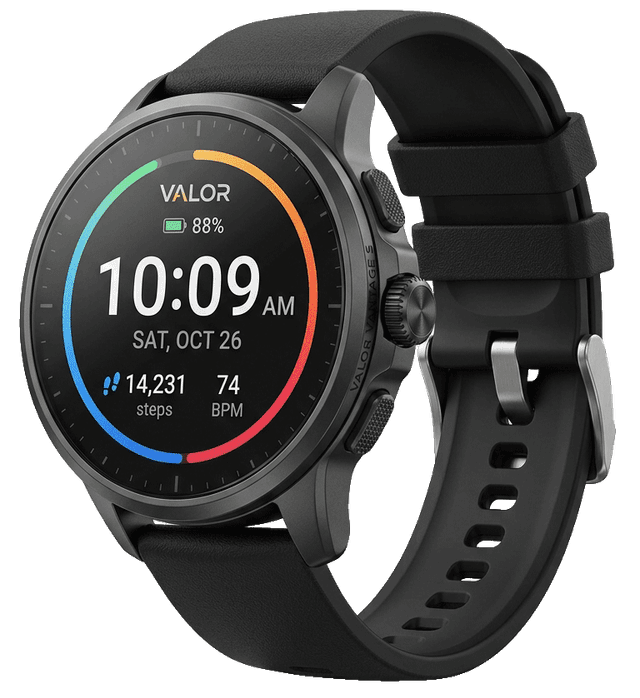 Runde schwarze Smartwatch am Silikonarmband